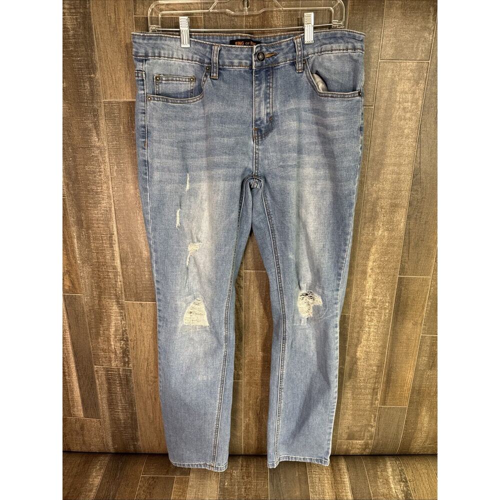 Ring of‎ Fire Jeans Mens 33x30 Blue Slim Straight Leg Denim Distressed Casual